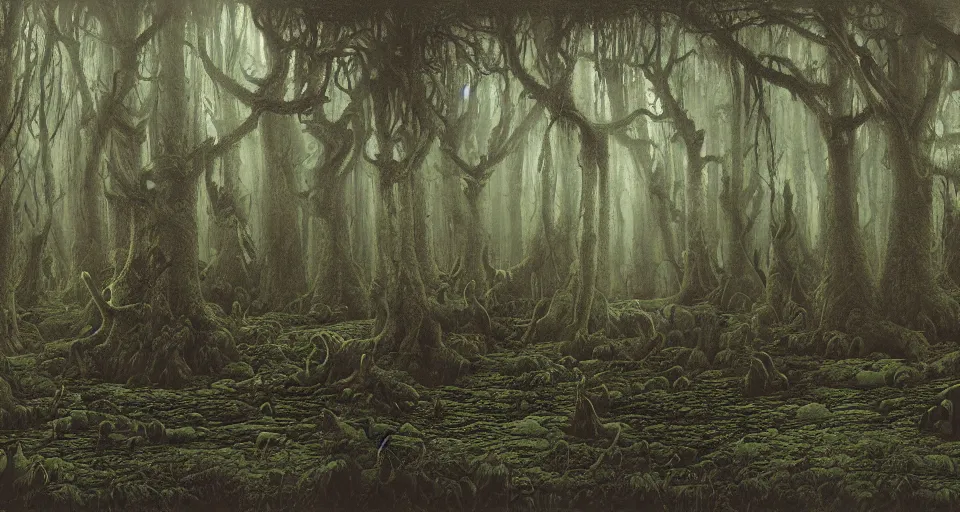 Prompt: A dense and dark enchanted forest with a swamp, by john howe