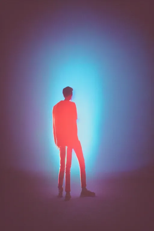 Image similar to kodak portra 4 0 0 photograph of a skinny guy looking into a bright otherworldly swirling glowing portal, back view, vaporwave colors, grain, moody lighting, moody aesthetic,