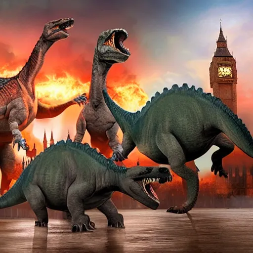 Prompt: photo of dinosaurs rampaging through London