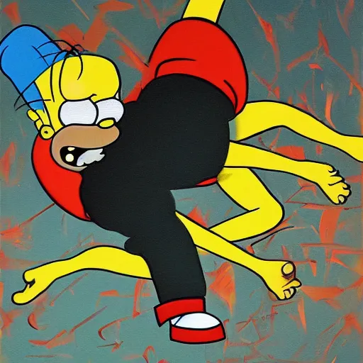 Image similar to a painting in the style of my dark beautiful twisted fantasy about homer simpson breakdancing, high quality