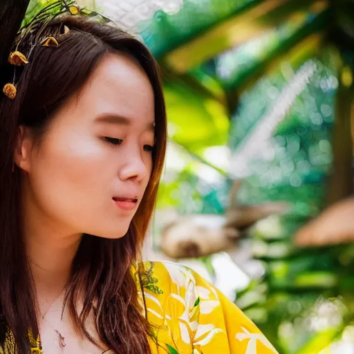 Image similar to close up portrait of beautiful woman wearing a yellow kimono in a tropical greenhouse with an owl on her shoulder, bokeh, cinematic colors