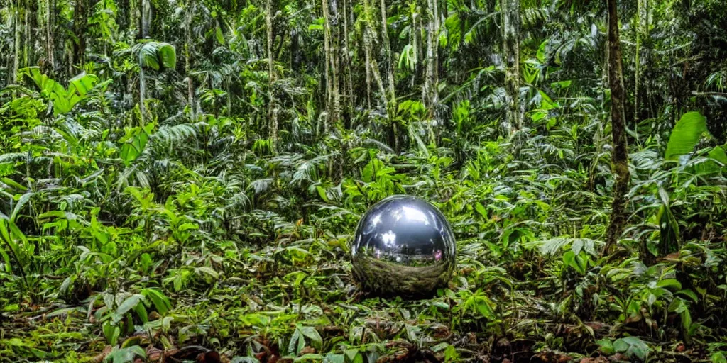 Image similar to photo of a chrome blob deep in the amazon jungle, wide shot