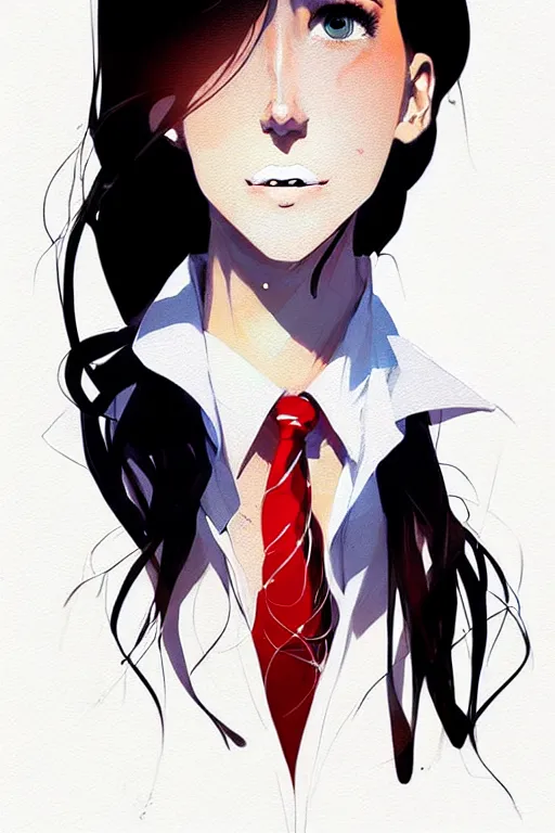 Image similar to a ultradetailed full body portrait of a woman dressed in a white shirt with a tie, by conrad roset, greg rutkowski and makoto shinkai trending on artstation