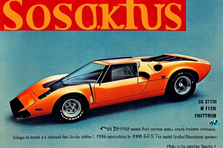 Image similar to 1969 Popular Science Magazine Cover of a single 1965 De Tomaso Pantera, with elements of the F40, Lotus, BMW M1, GT40 and Countach, city in cyberpunk style by Vincent Di Fate, vintage race footage, movie still, speed, cinematic Eastman 5384 film