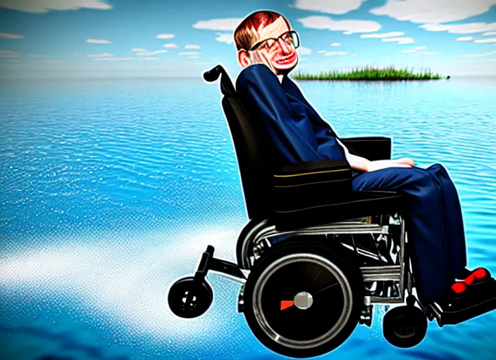 Image similar to stephen hawking wheelchair going across water like a jet ski, realistic, detailed