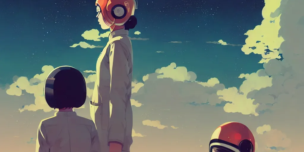 Image similar to portrait of a girl with astronaut helmets by ilya kuvshinov, cloudy sky background lush landscape ln illustration concept art anime key visual trending pixiv by victo ngai fanbox by greg rutkowski makoto shinkai takashi takeuchi studio ghibli