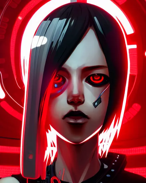 Image similar to a comic potrait of a cyberpunk cyborg girl with black and red parts, fine - face, realistic shaded perfect face, fine details. night setting. very anime style. realistic shaded lighting poster by ilya kuvshinov katsuhiro, unreal engine, global illumination, radiant light, detailed and intricate environment