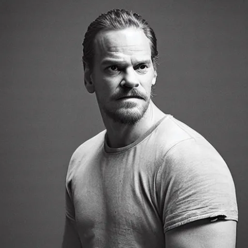 Prompt: 7 0 % peter sarsgaard, 2 0 % david harbour, 1 0 % michael fassbender, pointy chin, skinny face, wearing grey t - shirt, rembrandt lighting portrait