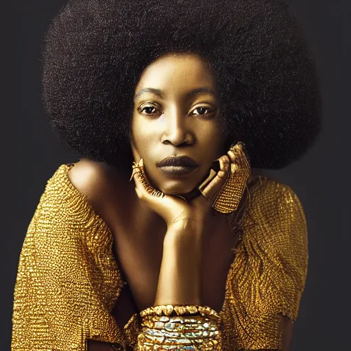 Image similar to portrait of an afro woman with gold clothings and jewelry photographed by irving penn