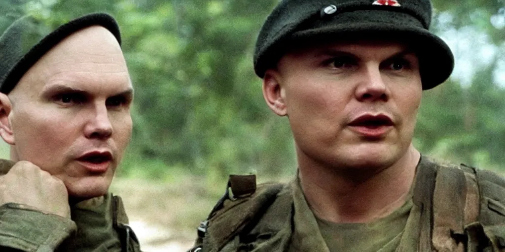 Prompt: a film still of Billy Corgan in the thin red line, high detail,
