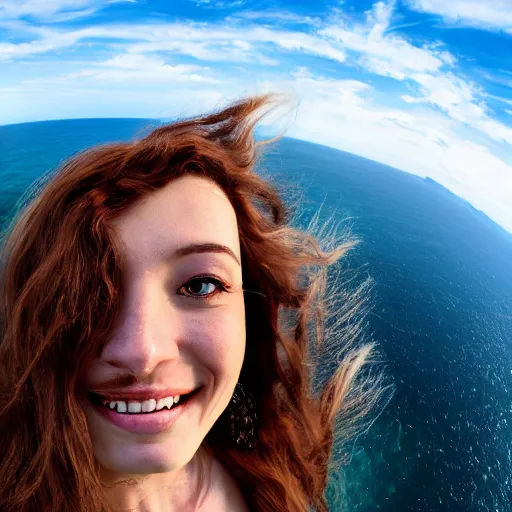 Prompt: Selfie!!!!! of a woman with gorgeous hair flowing in the wind, on a cliff!!!!!, first-person view, fisheye!!!!! lens!!!!!, photorealistic image, trending on artstation, 4k, 8k