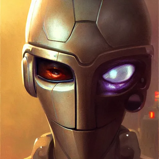 Image similar to detailed character concept art portrait of a masked robot in a city, trending on artstation, award - winning video game concept art by jim burns and greg rutkowski, beksinski, a sci - fi concept art masterpiece, james gilleard, bruegel, alphonse mucha, and yoshitaka amano.