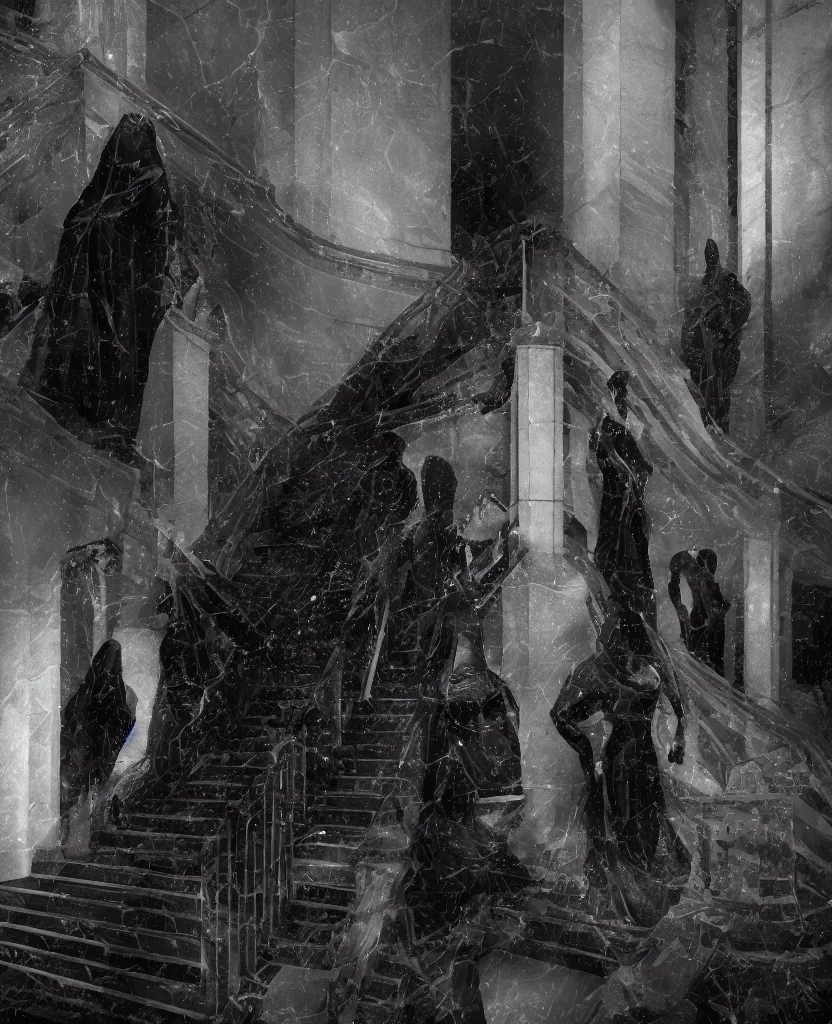 Prompt: several ritualistic figures shrouded in a long trailing dark black opaque gown, descending in tandem down a giant marble staircase away from a conference room, photorealism, hyperrealism, harsh lighting, dramatic lighting, medium shot, serious, gloomy, foreboding, cinematic, creepy