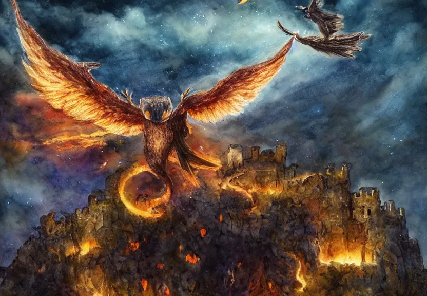 Prompt: legendary fire winged possum flying over a medieval castle under the dark starred sky, dark fantasy, watercolor, dreaming illusion, highly detailed, 4k, trending on Artstation, award-winning