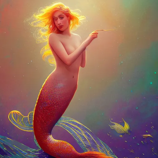 Image similar to a mermaid with a beautiful sparkling fin, cinematic lighting, soft bokeh, fantasy, modern, colourful, highly detailed, digital painting, artstation, deviantart, concept art, sharp focus, illustration, alphonse mucha, edward hopper