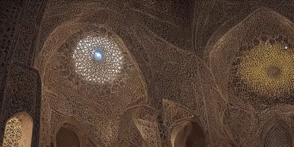 Image similar to an iwan with intricate muqarnas made of glowing obsidian and white marble, beautiful, volumetric lighting, cinematic lighting, golden hour