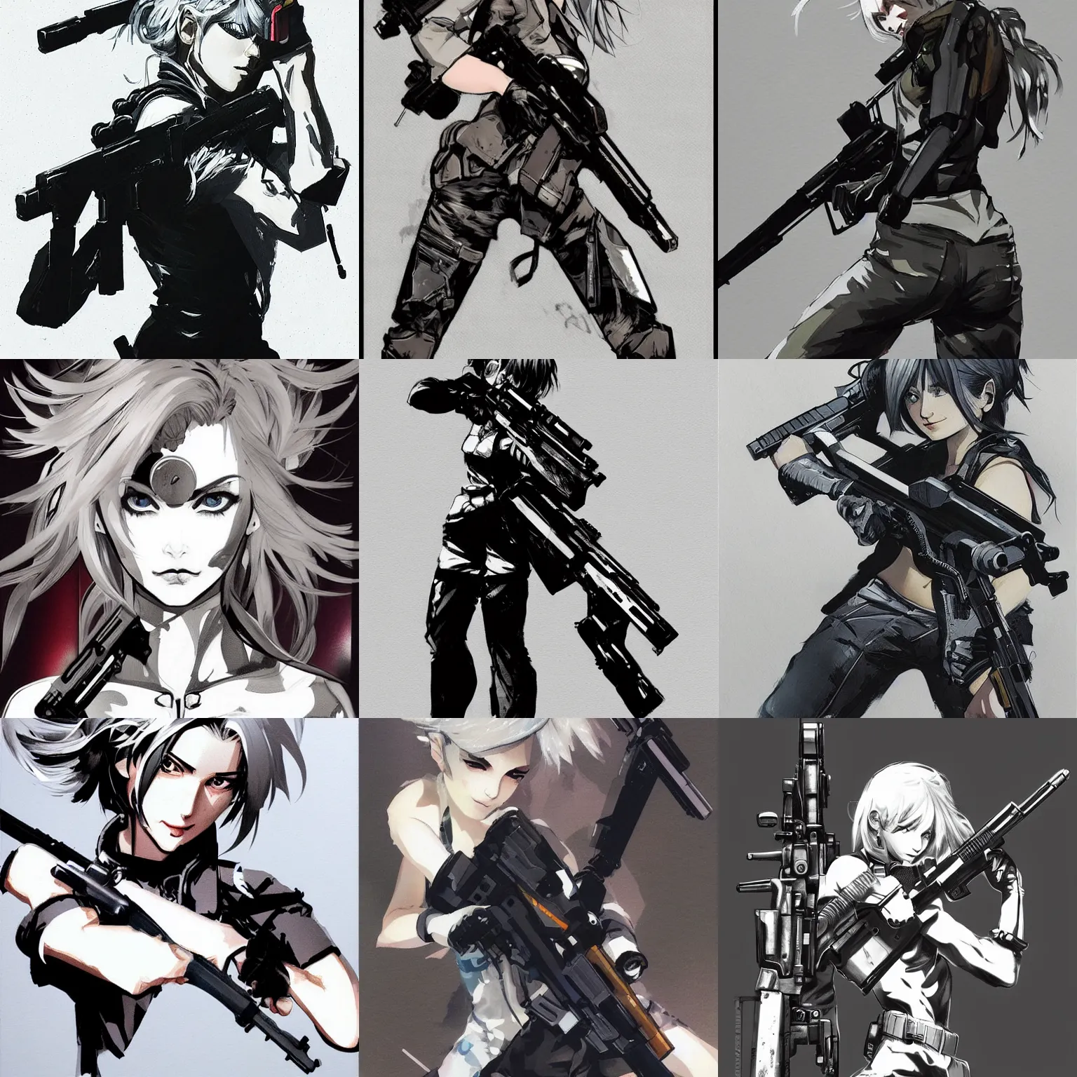 Prompt: girl silver hair, holding a gun, trending on artstation, illustration by Yoji Shinkawa