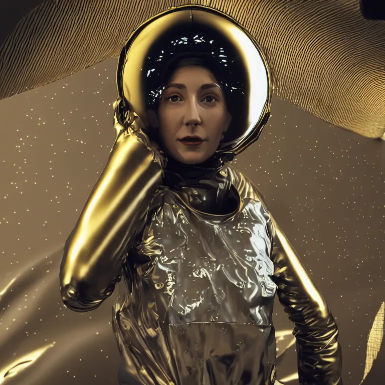 Prompt: octane render portrait by wayne barlow and carlo crivelli and glenn fabry, subject is a woman covered in folded aluminum foil space suit with a colorful metallic space helmet, floating inside a futuristic black and gold space station, cinema 4 d, ray traced lighting, very short depth of field, bokeh