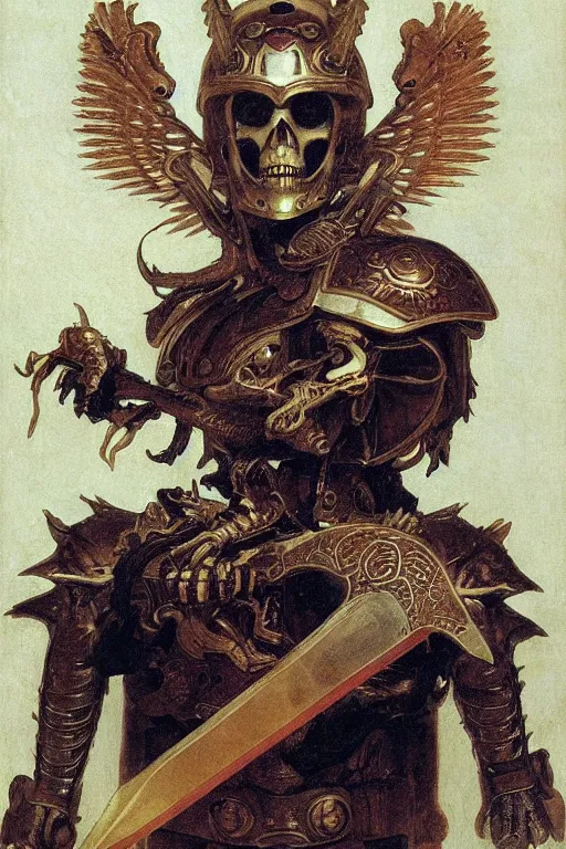 Image similar to portrait of a skeleton with chinese dragon in armor and helmet, majestic, solemn, big sword, wearing helmets and armor with wings, symmetrical, solemn, sacred, aura, by bouguereau