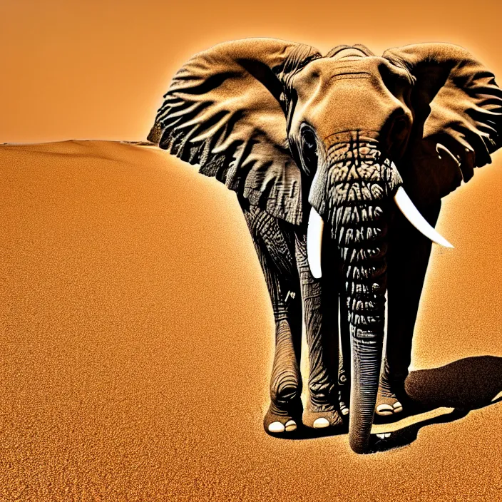 Prompt: photo of an elephant made of sand in the middle of a very sandy desert storm sand, 4 k, hdr, smooth, sharp focus, high resolution, award - winning photo
