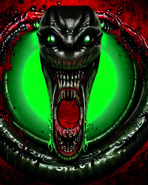 Image similar to realistic long textured tongue, demon wet humanoid alien, dripping green acid saliva, smoke, mouth in mouth in mouth, 4 large alien eyes, metallic reflective fangs, thin red veins, intricate grey snake scales ornate skin, cinematic light shadows, slimy reflections, crawling in a wet sewer pipe, flashlight lighting, insanely detailed