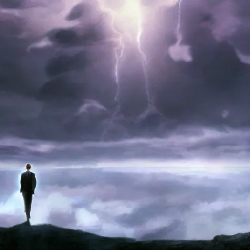 Image similar to Harry potter upright and levitating, back view, thunderclouds, cinematic shot, epic scale, waving robe photorealistic detail and quality, movie still, nighttime, crescent moon, sharp and clear, action shot, intense scene, visually coherent, symmetry, rule of thirds, movement, vivid colors, award winning, directed by Steven Spielberg, Christopher Nolan, Tooth Wu, Asher Duran, Greg Rutkowski