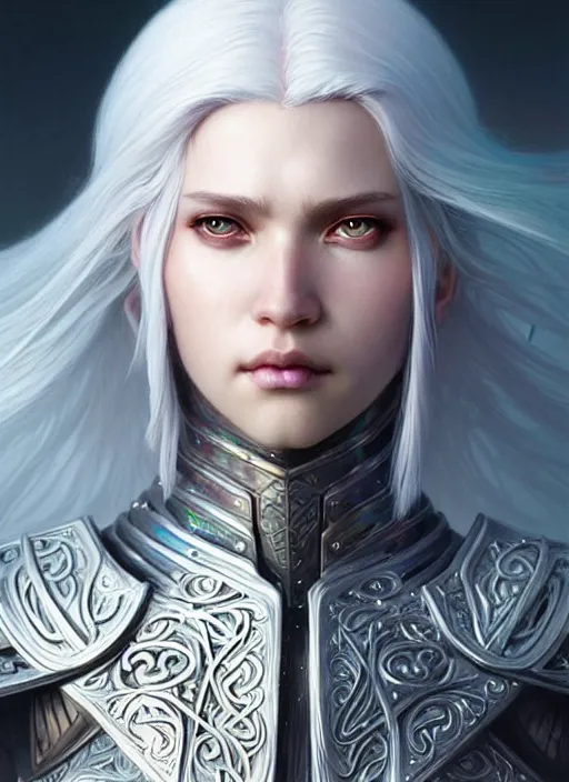 Image similar to light iridescent armor!!! long wild white hair!! covered chest!!! fantasy, d & d, intricate ornate details, digital painting, pretty face!!, symmetry, concept art, sharp focus, illustration, art by artgerm! greg rutkowski magali villeneuve wlop! ilya kuvshinov!!, octane render