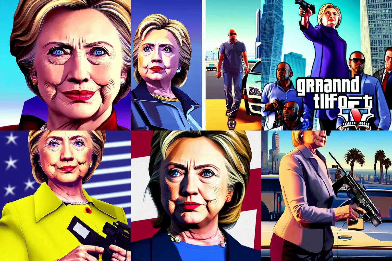 Prompt: Hillary Clinton in Grand Theft Auto 5 cover art, epic, 4k resolution, extremely detailed, very sharp, artstation, digital art, vibrant,