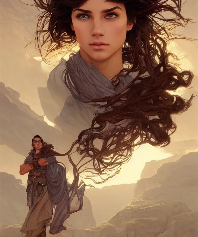 Image similar to An adventurer in the desert with the power of foresight, handsome young face, medium straight hair, fantasy, intricate, elegant, highly detailed, digital painting, artstation, concept art, smooth, sharp focus, illustration, art by artgerm and greg rutkowski and alphonse mucha