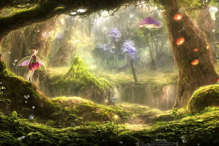 Image similar to fairy kingdom forest, miyazaki, nausicaa, high quality, high resolution, 4 k