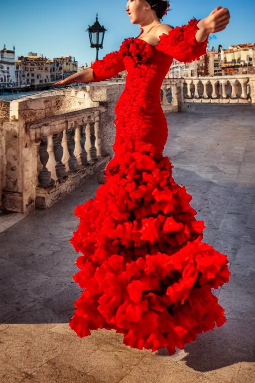 Image similar to spanish flamenco dancer in mallorca wearing a red dress made of flowers, photo realistic, extreme detail skin, natural beauty, no filter, slr, golden hour, 4 k, high definition, selfie