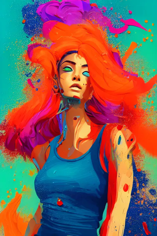 Image similar to a award winning half body portrait of a beautiful woman in a croptop and cargo pants with ombre orange blue teal hairstyle with head in motion and hair flying, paint splashes, splatter, outrun, vaporware, shaded flat illustration, digital art, trending on artstation, highly detailed, fine detail, intricate