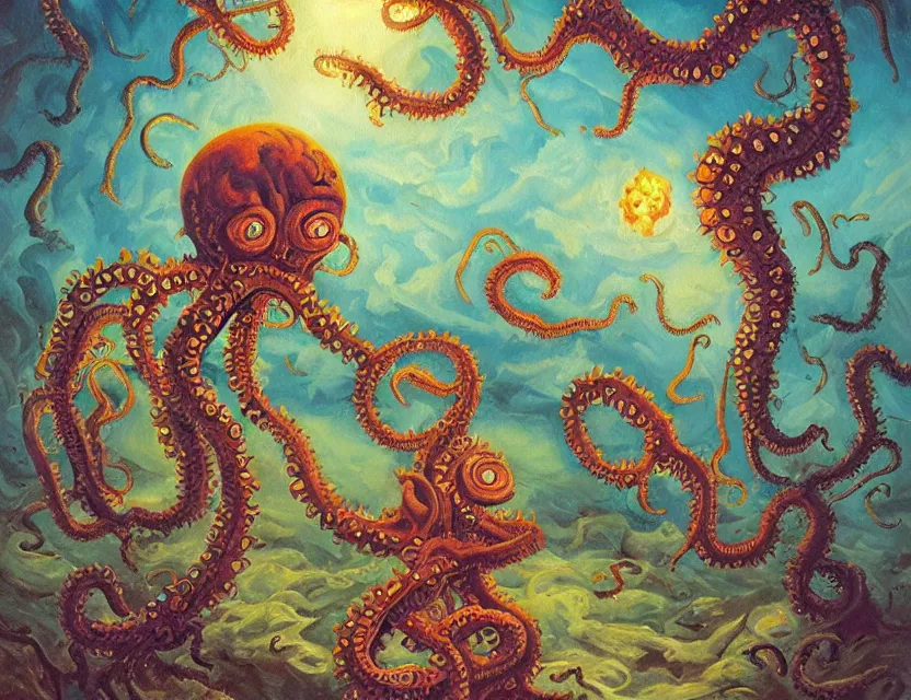 Prompt: lovecraftian destroyer of hearts. this oil painting by the beloved children's book illustrator has a beautiful composition, interesting color scheme and intricate details.