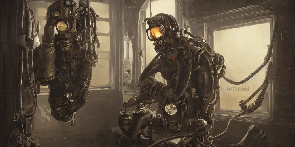 Image similar to highly detailed portrait painting of welder in atmospheric diving suit, mono eyed, window, by eddie mendoza and tyler edlin, windows, 8 k resolution