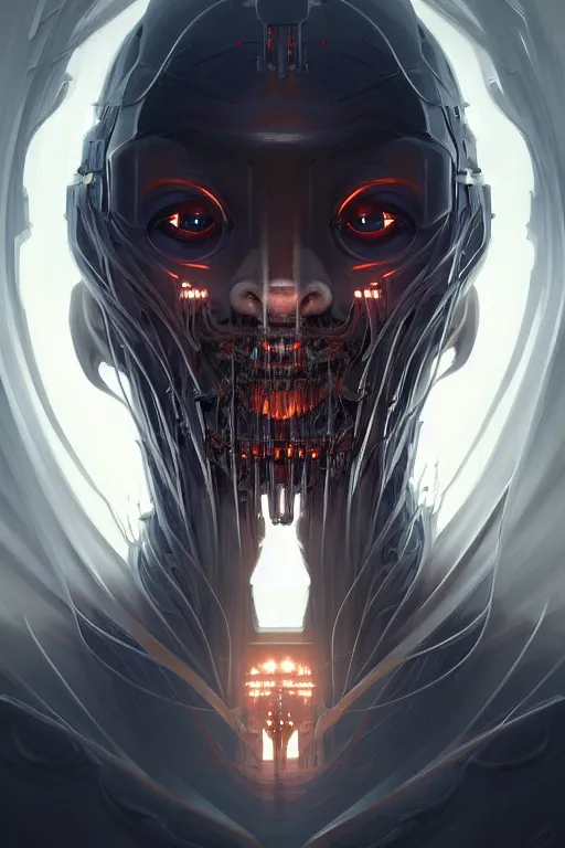 Image similar to professional concept art symmetrical portrait of a horror mechanical nightmare species in a dark room by artgerm and greg rutkowski. an intricate, elegant, highly detailed digital painting, abstraction, concept art, smooth, sharp focus, illustration, in the style of cam sykes.