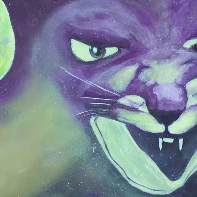 Image similar to closeup of a purple panther roaring at the moon in the forest. night. large moon in the center. cinematic. oil painting. concept art