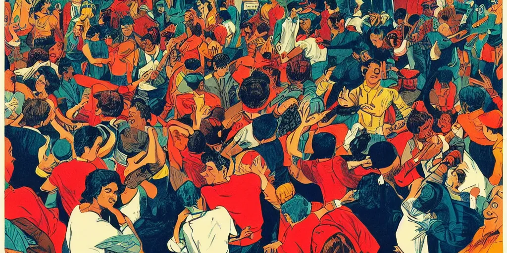 Prompt: a crowd of people dancing, screenprint risograph by ernie barnes, colorful flat surreal design, super - detailed, a lot of tiny details, fullshot