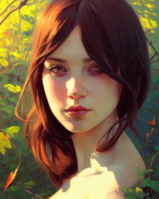 Image similar to stylized portrait of an artistic pose, composition, young suicide girl surrounded by nature, realistic shaded, fine details, realistic shaded lighting poster by ilya kuvshinov, magali villeneuve, artgerm, jeremy lipkin and michael garmash and rob rey