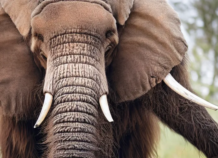 Image similar to extreme closeup of a very wooly brown hairy mammoth, elephant, mastodon, mammoth, detailed fur, zoo photography, National Geographic, HD,