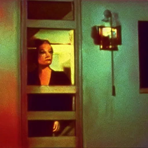 Image similar to still from a 7 0's art house movie by kenneth anger and david lynch : : sensual occult scene, close - up : : cinestill 8 0 0 tungsten 3 5 mm, high quality, triadic color scheme : : in the style of francis bacon, edward hopper, dark surrealism