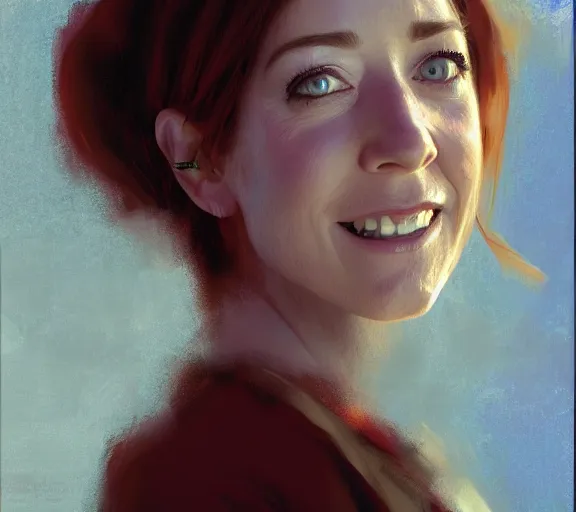 Image similar to a hyper-detailed portrait of Alyson Hannigan by Craig Mullins; oil on canvas; trending on artstation; 90mm; f/1.4