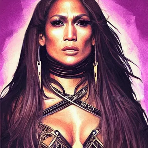 Image similar to Jennifer Lopez as a warrior woman, looking at camera, D&D, choker on neck, stylish dress, very long flowing hair, intricate, elegant, stylish, serious expression, extremely detailed, digital painting, artstation, concept art, smooth, sharp focus, illustration, stunning lighting, art by artgerm and greg rutkowski and alphonse mucha and simon stalenhag