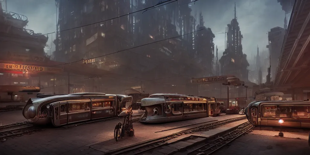 Image similar to in a dieselpunk city with vehicles and a monorail, highly detailed, 8 k, hdr, award - winning, octane render, artstation, volumetric lighting