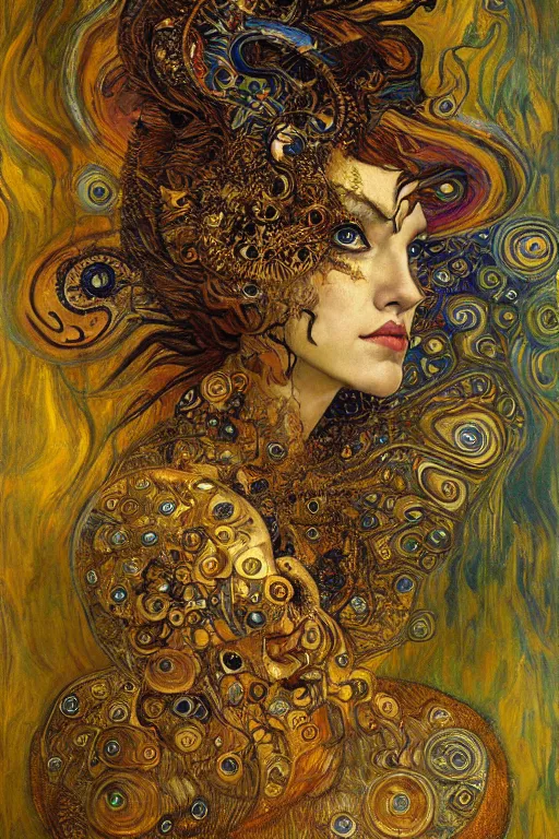Prompt: Metamorphosis by Karol Bak, Jean Deville, Gustav Klimt, and Vincent Van Gogh, transformation portrait, chimera, visionary, cicada wings, otherworldly, fractal structures, ornate gilded medieval icon, third eye, dynamic, hybrid, fusion, change, spirals