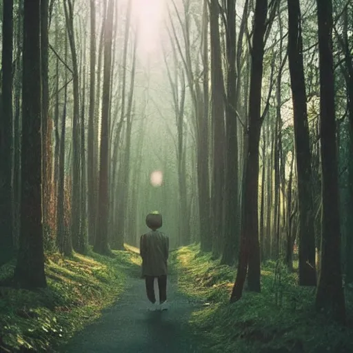 Image similar to 1 9 9 0 s candid 3 5 mm photo of a beautiful forest in tokyo, cinematic lighting, cinematic look, golden hour, the clouds are epic and colorful with cinematic rays of light, a man walks down the center of the forest with a beanie on, photographed by petra collins, uhd