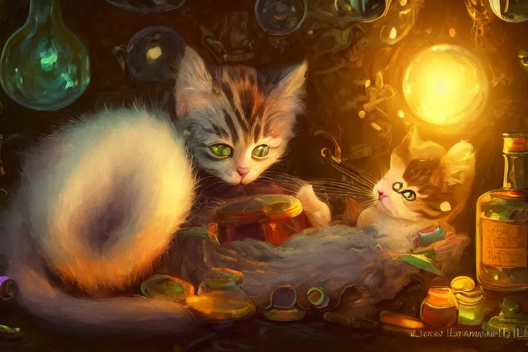 Image similar to adorable kitten curled up asleep amidst potion bottles, 8k resolution matte fantasy painting, warm lighting, bokeh, DeviantArt Artstation, by Lisa Ravenscroft and Ross Tran and Lisa Frank and Tony DiTerlizzi