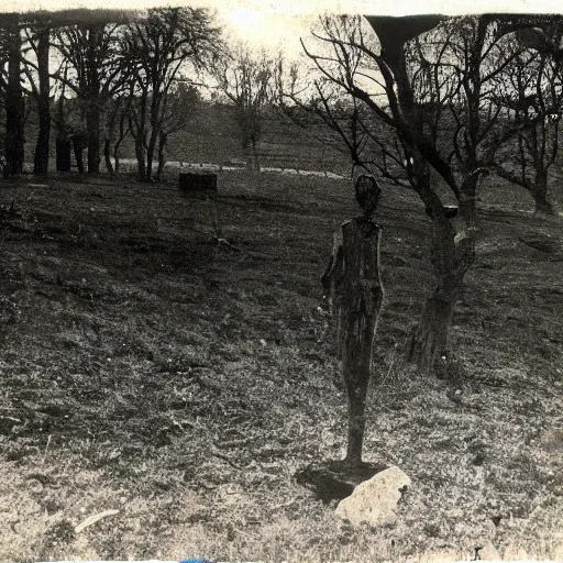 Prompt: old photo of a creepy landscape, scary figure in the distance