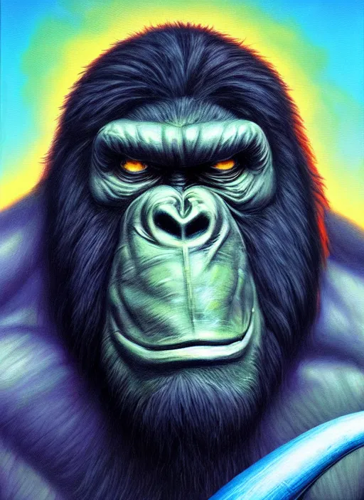 Prompt: zeke's king kong like beast titan, from attack on titan, psychedelic vibrant colors, futuristic punk rock fashion, oil painting by michael whelan art, perfect face, sharp focus, detailed eyes, realistic, 8 k