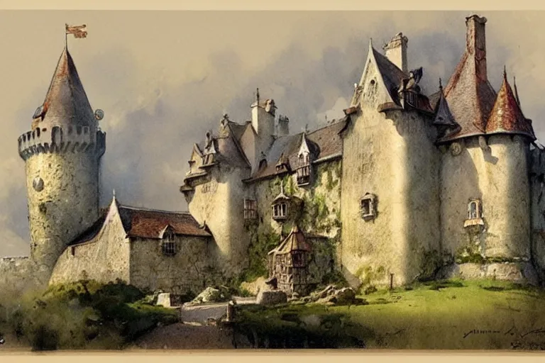 Image similar to 1950s castle muted colors. by Jean-Baptiste Monge, James Gurney