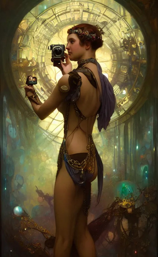 Image similar to hyper realistic photographer taking a picture, magical, gems, jewels, gold, steampunk, cyberpunk utopia, painted by tom bagshaw, mucha, gaston bussiere, craig mullins, j. c. leyendecker 8 k